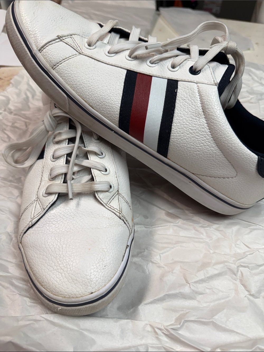 Hilfiger White Leather Low-Top Sneakers with Navy & Red Stripe